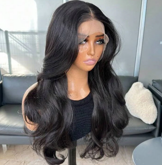 Natural Black Curtain Bangs Human blend Lace Front Wig