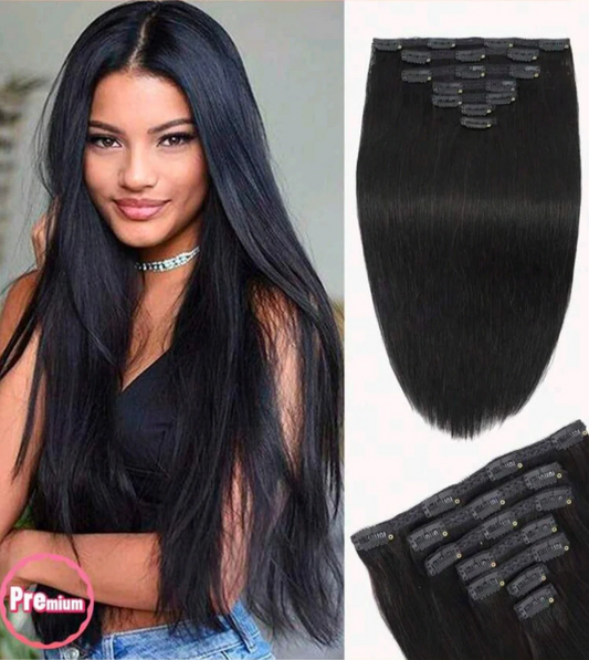 Black straight clip-in extensions